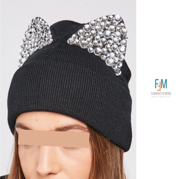 Women's Sparkling Jeweled Cat Ears Knit Beanie Hat - Picture 4 of 4